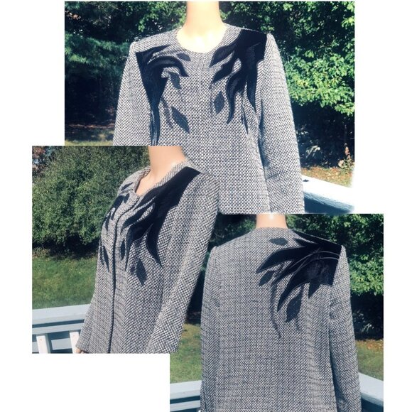 MISS LEE Vintage Basketweave Tweed Black Velvet Applique Statement Jacket Sz XL - Picture 3 of 5